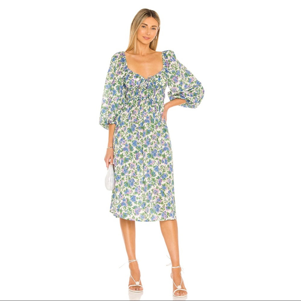For Love & Lemons Floral Puff Sleeve Midi Dress